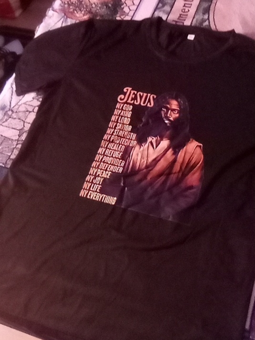 Fear of God Black Short-Sleeve JESUS Graphic Tee with Brown/Orange Print